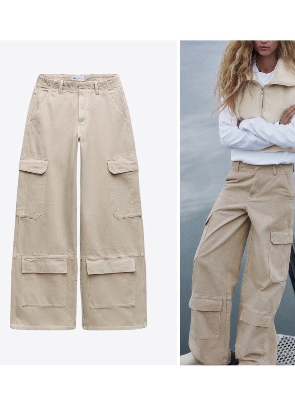 Zara Sand-Beige Wide Leg Cargo Pants